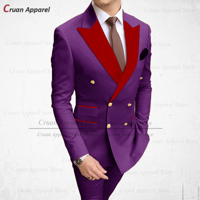 2022 Stílusos esküvői férfi fehér öltöny szett karcsú szabású vőlegény vőlegény szmoking méretre szabott plusz méretű piros bársony hajtóka blézer nadrág 2 db