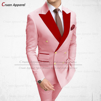 2022 Stílusos esküvői férfi fehér öltöny szett karcsú szabású vőlegény vőlegény szmoking méretre szabott plusz méretű piros bársony hajtóka blézer nadrág 2 db