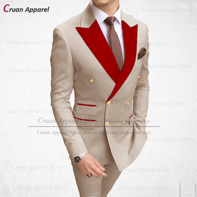 2022 Stílusos esküvői férfi fehér öltöny szett karcsú szabású vőlegény vőlegény szmoking méretre szabott plusz méretű piros bársony hajtóka blézer nadrág 2 db