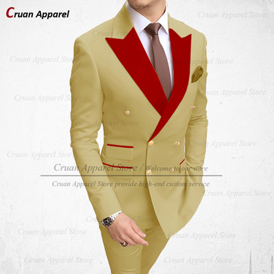 2022 Stílusos esküvői férfi fehér öltöny szett karcsú szabású vőlegény vőlegény szmoking méretre szabott plusz méretű piros bársony hajtóka blézer nadrág 2 db