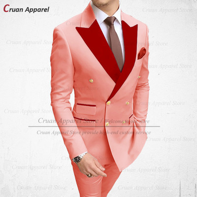 2022 Stílusos esküvői férfi fehér öltöny szett karcsú szabású vőlegény vőlegény szmoking méretre szabott plusz méretű piros bársony hajtóka blézer nadrág 2 db