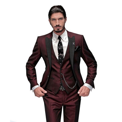 Ανδρικό κοστούμι Slim Fit 3 τεμαχίων μπορντό σμόκιν Gentle-Ανδρικά νυφικά Notch πέτο Groom Tuxedo Terno (Σακάκι+Παντελόνι+Γιλέκο)