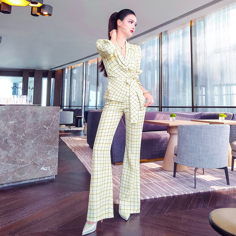 Tavaszi és nyári női irodai öltönygarnitúrák Női kockás nadrágkosztüm Alkalmi félujjú blézeröltönyök Női szett kétrészes ruha J46