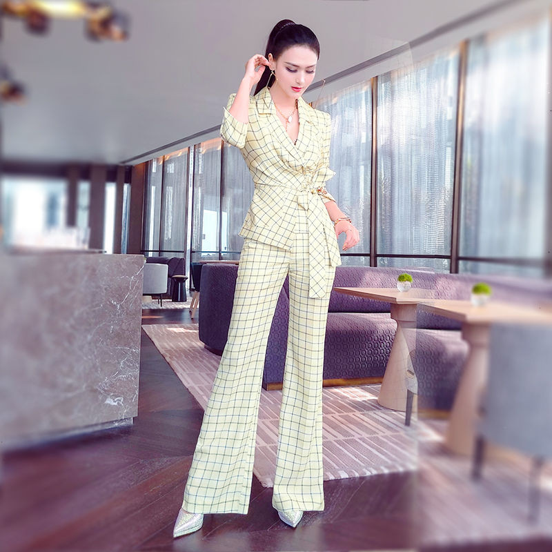 Tavaszi és nyári női irodai öltönygarnitúrák Női kockás nadrágkosztüm Alkalmi félujjú blézeröltönyök Női szett kétrészes ruha J46