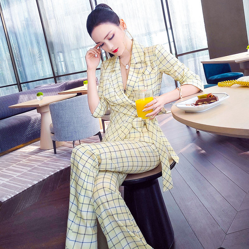Tavaszi és nyári női irodai öltönygarnitúrák Női kockás nadrágkosztüm Alkalmi félujjú blézeröltönyök Női szett kétrészes ruha J46