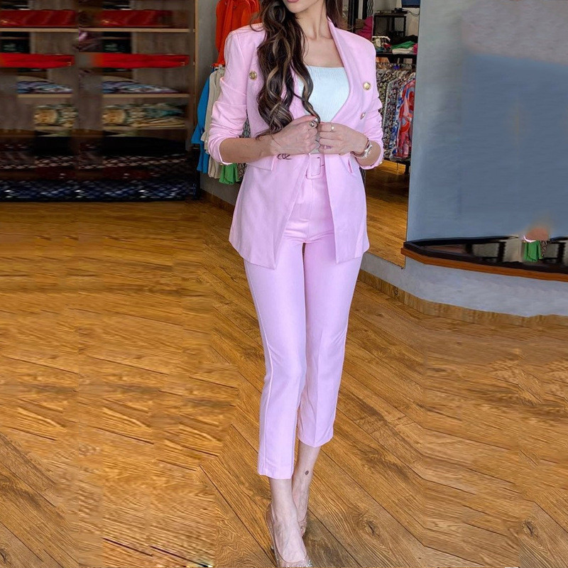 2022-es őszi, új divatos, alkalmi, kétrészes női öltöny, irodai hajtóka, egyszínű blézer felső + egyenes nadrág, hivatalos öltöny