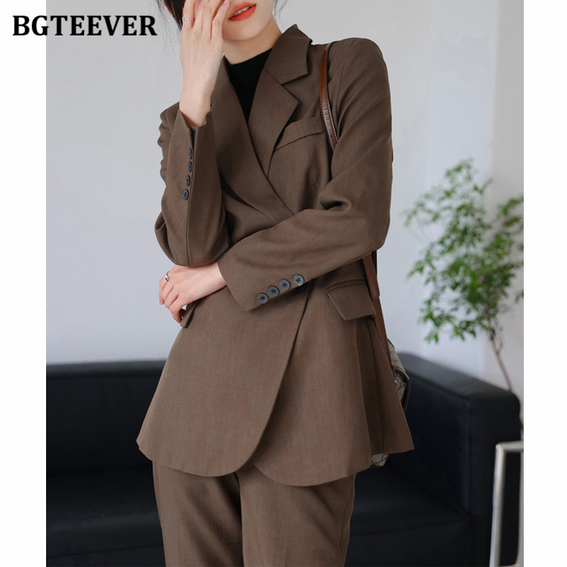 BGTEEVER Chic Ladies 2 részes blézer szett, hosszú ujjú öltöny dzsekik és magas derekú nadrágok Elegáns női nadrágkosztümök 2022 tavasz