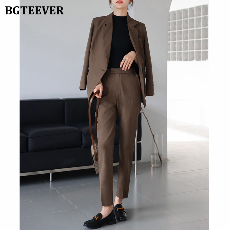BGTEEVER Chic Ladies 2 részes blézer szett, hosszú ujjú öltöny dzsekik és magas derekú nadrágok Elegáns női nadrágkosztümök 2022 tavasz