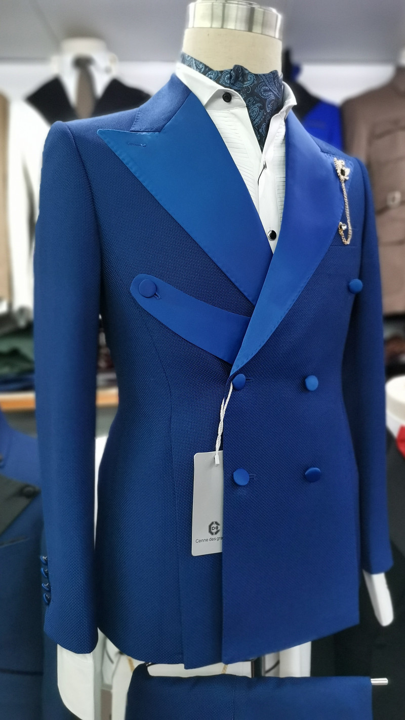 Cenne Des Graoom 2022, új férfi öltönyök, kétsoros, testre szabott csúcs hajtóka, királykék, 2 részes blézer, nadrág, vőlegény esküvői partija