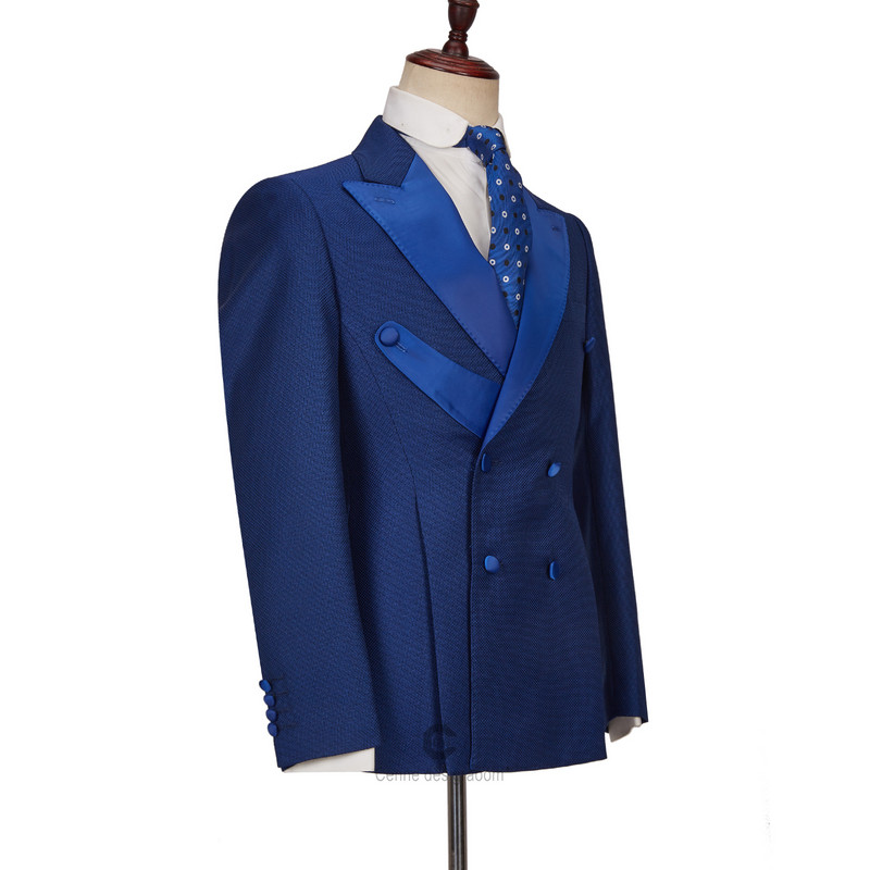 Cenne Des Graoom 2022, új férfi öltönyök, kétsoros, testre szabott csúcs hajtóka, királykék, 2 részes blézer, nadrág, vőlegény esküvői partija