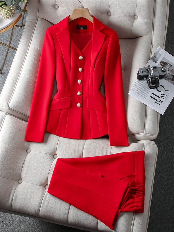 Női blézer és védőnadrág szett kétrészes OL egysoros kabát formális öltöny rugalmas derék nadrág tavaszi ősz