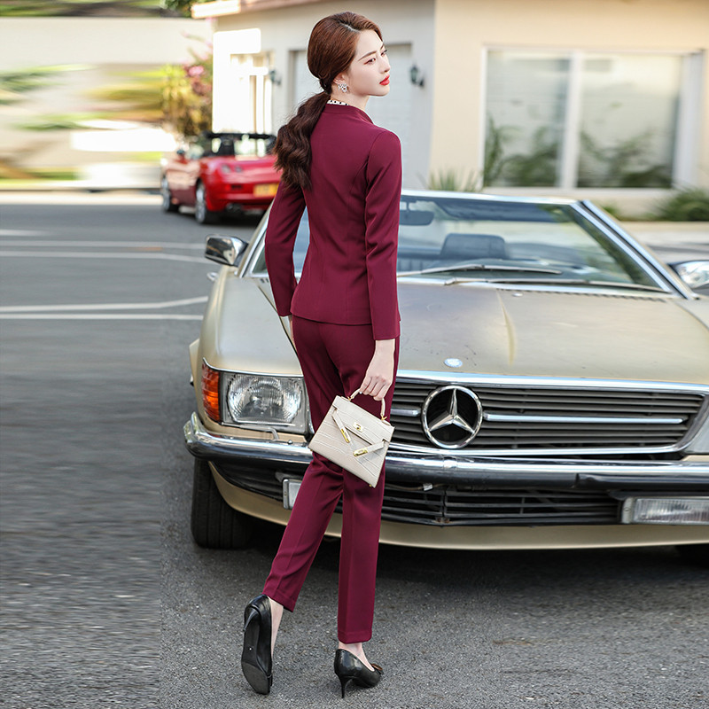 Borvörös fekete nadrágkosztüm női 2 részes szett üzleti irodai hölgy OL lány dzseki blézer és nadrág 2021 tavaszi ősz 4XL méret