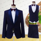 2023-as újdonság férfi öltönyök kék kendő, Jacquard virágos vőlegény szatén hajtóka Vőlegények esküvői legjobb férfi (kabát+nadrág+mellény)