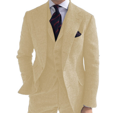 Szürke gyapjú tweed férfi öltönyök téli esküvőre formális vőlegény szmoking 3 részes halszálkás férfi divatos szett dzseki mellény nadrággal