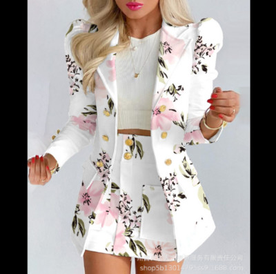 2022. aasta kevade uus naistemoe vabaajaülikonna komplekt, trükitud kaherealine bleiser, kõrge vöökohaga seelik, kaheosaline naiste kontorijakk