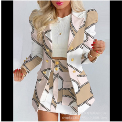 2022. aasta kevade uus naistemoe vabaajaülikonna komplekt, trükitud kaherealine bleiser, kõrge vöökohaga seelik, kaheosaline naiste kontorijakk