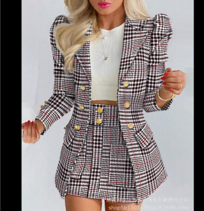 2022. aasta kevade uus naistemoe vabaajaülikonna komplekt, trükitud kaherealine bleiser, kõrge vöökohaga seelik, kaheosaline naiste kontorijakk