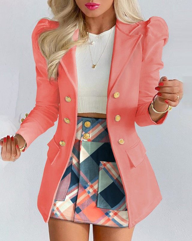 2022. aasta kevade uus naistemoe vabaajaülikonna komplekt, trükitud kaherealine bleiser, kõrge vöökohaga seelik, kaheosaline naiste kontorijakk