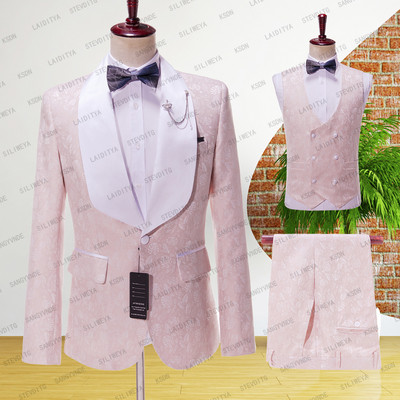 2023 nou stil roz ocazional costum bărbați slim fit tip 3 piese cu un singur piept respirabil subțire rochie de bal jachetă petrecere călătorie