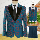 2023-as új férfi kék alkalmi üzleti butik piros virágmintás fekete csúcs hajtóka öltöny három részes szett férfi blézer kabát