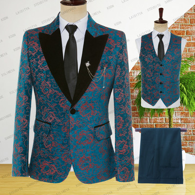 2023-as új férfi kék alkalmi üzleti butik piros virágmintás fekete csúcs hajtóka öltöny három részes szett férfi blézer kabát