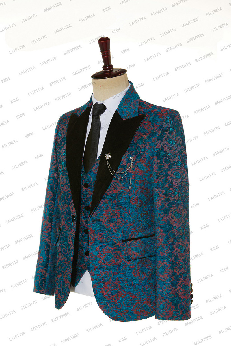2023-as új férfi kék alkalmi üzleti butik piros virágmintás fekete csúcs hajtóka öltöny három részes szett férfi blézer kabát