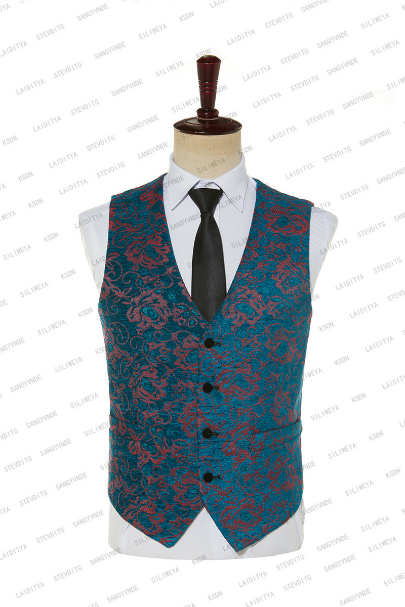 2023-as új férfi kék alkalmi üzleti butik piros virágmintás fekete csúcs hajtóka öltöny három részes szett férfi blézer kabát