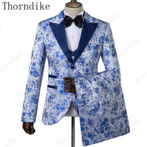 Thorndike új divatos vőlegény sötétkék jacquard szmoking férfi viselet esküvői parti vőfély öltönyök, 2019. (kabát+nadrág+mellény)
