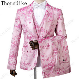 Thorndike új divatos vőlegény sötétkék jacquard szmoking férfi viselet esküvői parti vőfély öltönyök, 2019. (kabát+nadrág+mellény)