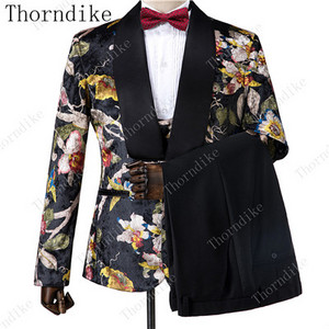 Thorndike új divatos vőlegény sötétkék jacquard szmoking férfi viselet esküvői parti vőfély öltönyök, 2019. (kabát+nadrág+mellény)