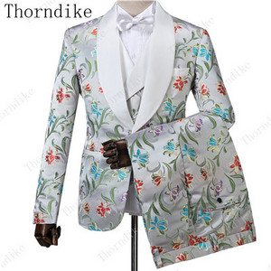 Thorndike új divatos vőlegény sötétkék jacquard szmoking férfi viselet esküvői parti vőfély öltönyök, 2019. (kabát+nadrág+mellény)