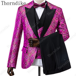 Thorndike új divatos vőlegény sötétkék jacquard szmoking férfi viselet esküvői parti vőfély öltönyök, 2019. (kabát+nadrág+mellény)