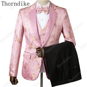 Thorndike új divatos vőlegény sötétkék jacquard szmoking férfi viselet esküvői parti vőfély öltönyök, 2019. (kabát+nadrág+mellény)