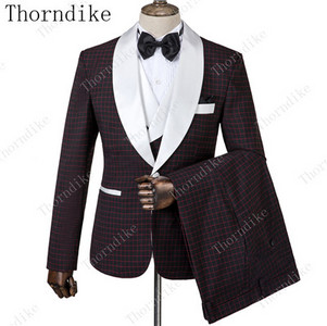 Thorndike új divatos vőlegény sötétkék jacquard szmoking férfi viselet esküvői parti vőfély öltönyök, 2019. (kabát+nadrág+mellény)