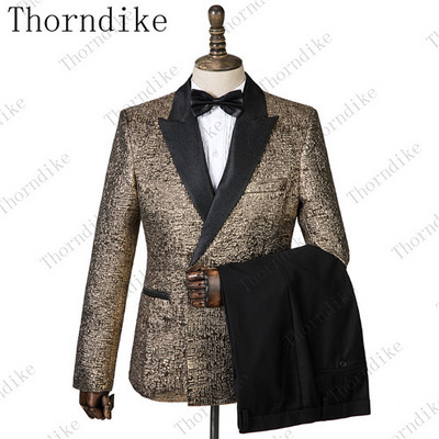Thorndike új divatos vőlegény sötétkék jacquard szmoking férfi viselet esküvői parti vőfély öltönyök, 2019. (kabát+nadrág+mellény)