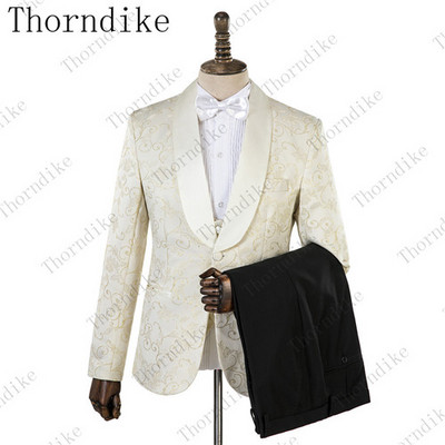 Thorndike új divatos vőlegény sötétkék jacquard szmoking férfi viselet esküvői parti vőfély öltönyök, 2019. (kabát+nadrág+mellény)