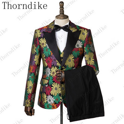 Thorndike új divatos vőlegény sötétkék jacquard szmoking férfi viselet esküvői parti vőfély öltönyök, 2019. (kabát+nadrág+mellény)