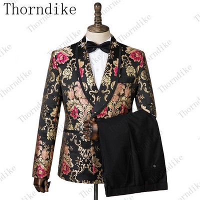 Thorndike új divatos vőlegény sötétkék jacquard szmoking férfi viselet esküvői parti vőfély öltönyök, 2019. (kabát+nadrág+mellény)