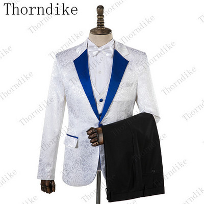 Thorndike új divatos vőlegény sötétkék jacquard szmoking férfi viselet esküvői parti vőfély öltönyök, 2019. (kabát+nadrág+mellény)