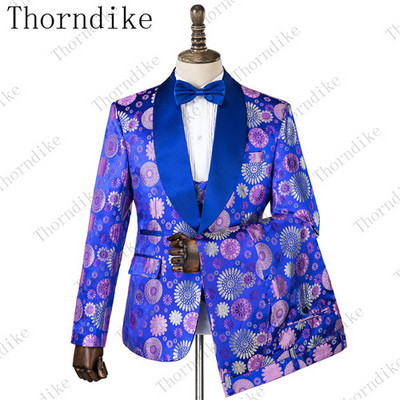 Thorndike új divatos vőlegény sötétkék jacquard szmoking férfi viselet esküvői parti vőfély öltönyök, 2019. (kabát+nadrág+mellény)