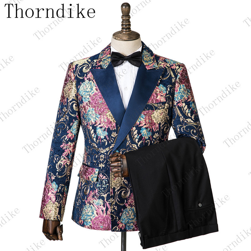 Thorndike új divatos vőlegény sötétkék jacquard szmoking férfi viselet esküvői parti vőfély öltönyök, 2019. (kabát+nadrág+mellény)