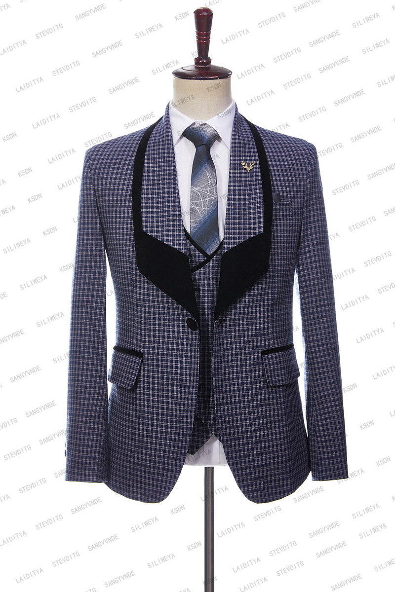 2023-as divat férfi üzleti nagy fekete gallér, alkalmi sötétkék kockás öltöny férfi egygombos 3 db készlet blézer dzseki nadrág mellény
