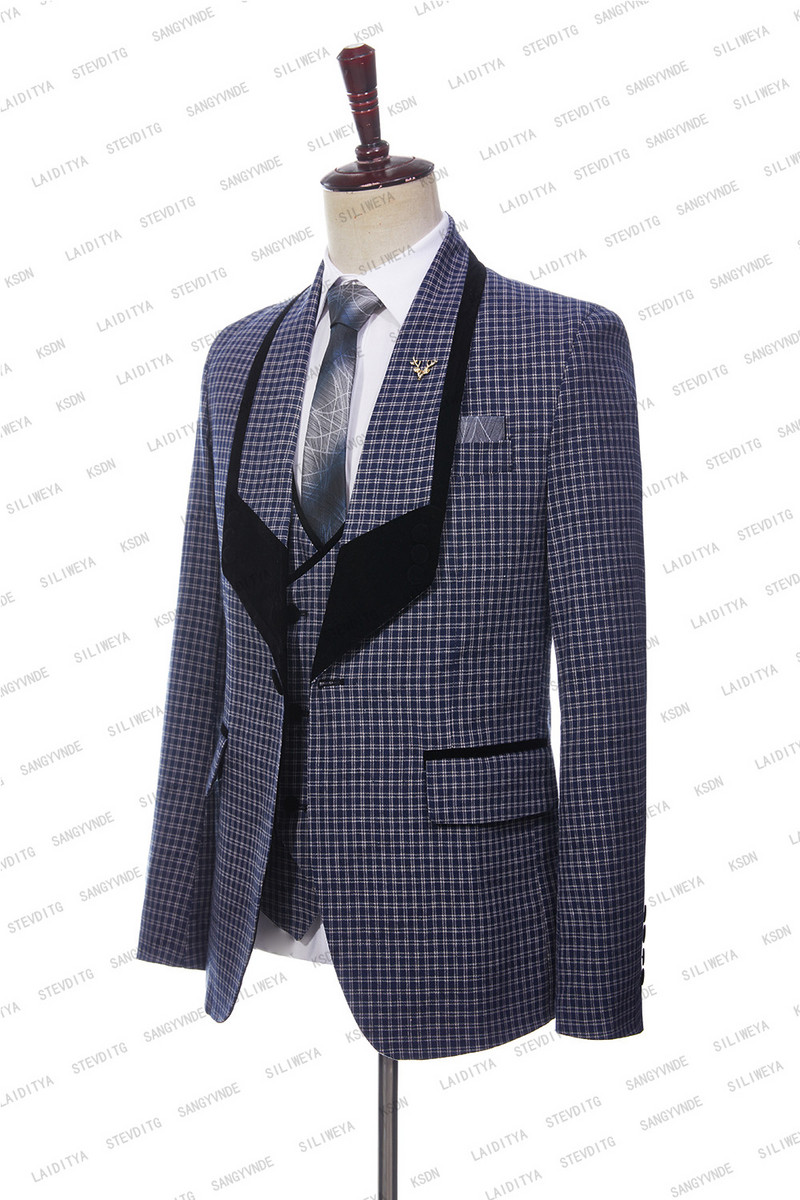 2023-as divat férfi üzleti nagy fekete gallér, alkalmi sötétkék kockás öltöny férfi egygombos 3 db készlet blézer dzseki nadrág mellény