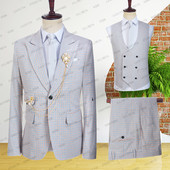 2023 férfi alkalmi butik üzleti retro brit stílusú kék és narancssárga kockás blézer kabát nadrág mellény öltöny 3 db szett