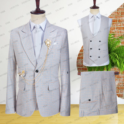 2023 férfi alkalmi butik üzleti retro brit stílusú kék és narancssárga kockás blézer kabát nadrág mellény öltöny 3 db szett