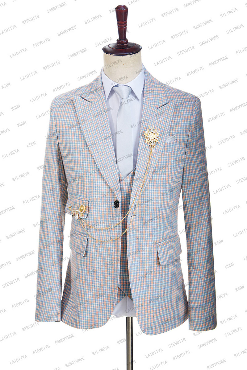 2023 férfi alkalmi butik üzleti retro brit stílusú kék és narancssárga kockás blézer kabát nadrág mellény öltöny 3 db szett