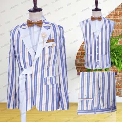 2023 nyári sötétkék csíkos lenvászon alkalmi fitt férfi öltönyök övvel fehér csúcs hajtóka kényelmes légáteresztő kabát mellény nadrág 3 db