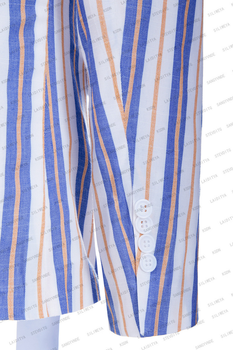 2023 nyári sötétkék csíkos lenvászon alkalmi fitt férfi öltönyök övvel fehér csúcs hajtóka kényelmes légáteresztő kabát mellény nadrág 3 db