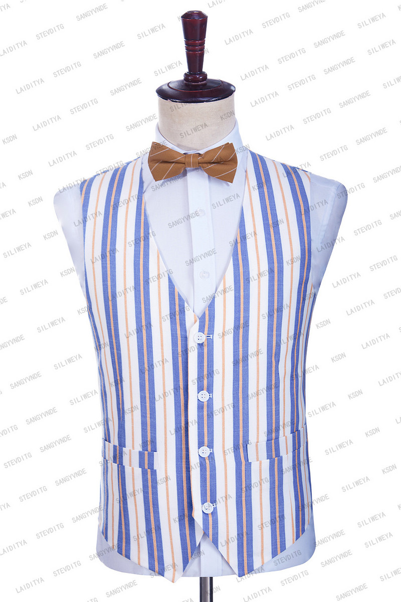 2023 nyári sötétkék csíkos lenvászon alkalmi fitt férfi öltönyök övvel fehér csúcs hajtóka kényelmes légáteresztő kabát mellény nadrág 3 db