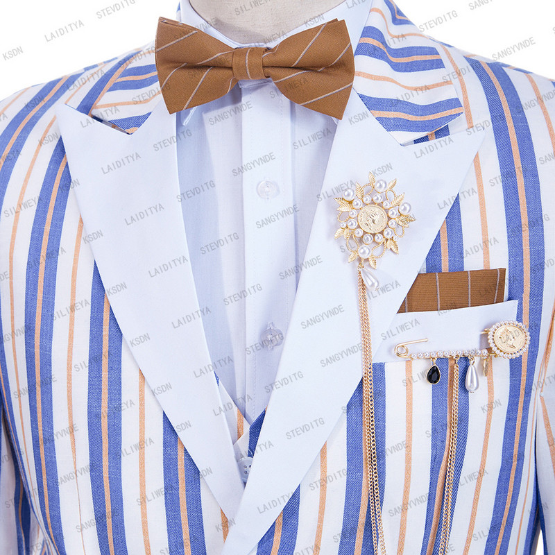 2023 nyári sötétkék csíkos lenvászon alkalmi fitt férfi öltönyök övvel fehér csúcs hajtóka kényelmes légáteresztő kabát mellény nadrág 3 db